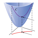Paraboloid with surface curve; Calculus textbook illustration art.