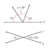 Algebra problems of intersecting lines and two lines cut by a transverse, Mathematics textbook illustration art.