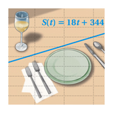 Linear graph of food sales with background image of table setting, Mathematics textbook illustration art.