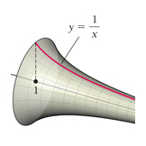 Gabriel's Horn, the solid of rotation of 1/x about x-axis, Mathematics textbook illustration art.
