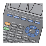 Algebra situational word problem with TI-83 graphing calculator, Mathematics textbook illustration art.
