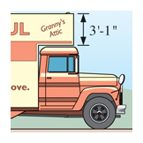 Calculating the volume capacity of a rental moving truck, Mathematics textbook illustration art.