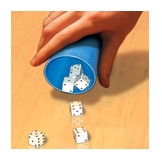Probability outcomes with cup, coins, and dice situational word problem, Mathematics textbook illustration art.