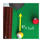 Geometric vector analysis of billiard ball trajectory on a pool table; Physics textbook illustration art.